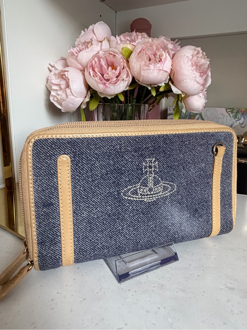 Vivienne Westwood Denim and Tan Leather Crossbody Clutch Wallet fits phone!